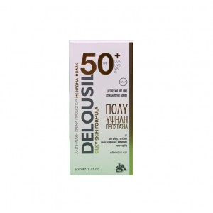 Delousil Αντηλιακή κρέμα προσώπου με χρώμα Silky Skin Formula με μεταξένια υφή & επικαλυπτική δράση spf 50, 50ml